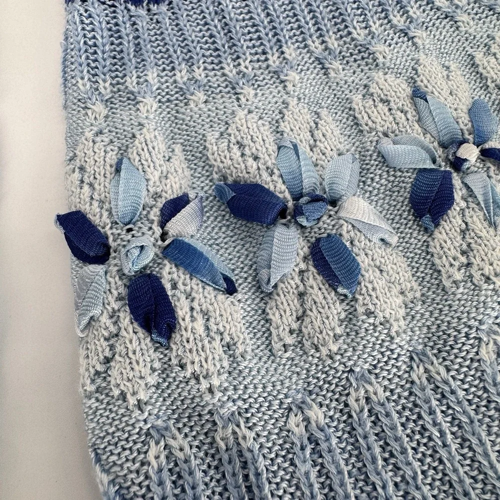 Susan Bristol Blue Gradient‎ Knit Cardigan Floral Embroidery Cottagecore Small